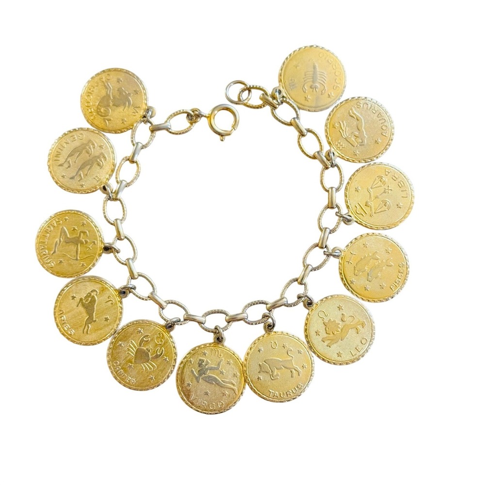 Zodiac Astrology Charm Bracelet 12 Horoscope VtG Statement Dangle Gold tone 7.5"